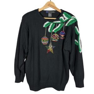 Vintage IB Diffusion Beaded Christmas Sweater Knit Long Sleeve Holiday Black - M